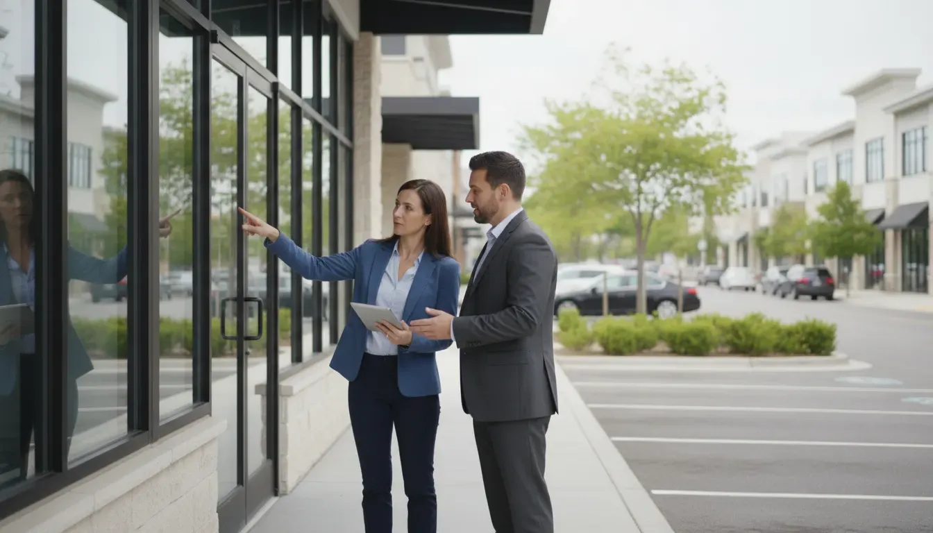 Advisor and chiropractor assessing storefront access for a potential franchise clinic