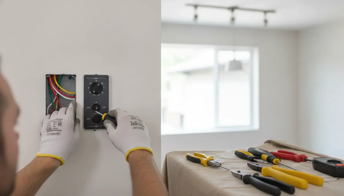Electrician installing lighting controls and wiring for a home automation installation