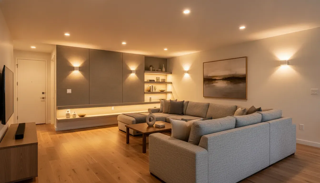 Finished residential lighting design with layered controls for a smart-home installation