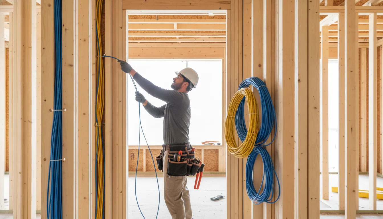Electrician running Cat6 low-voltage cable through open wall studs during new home construction framing phase