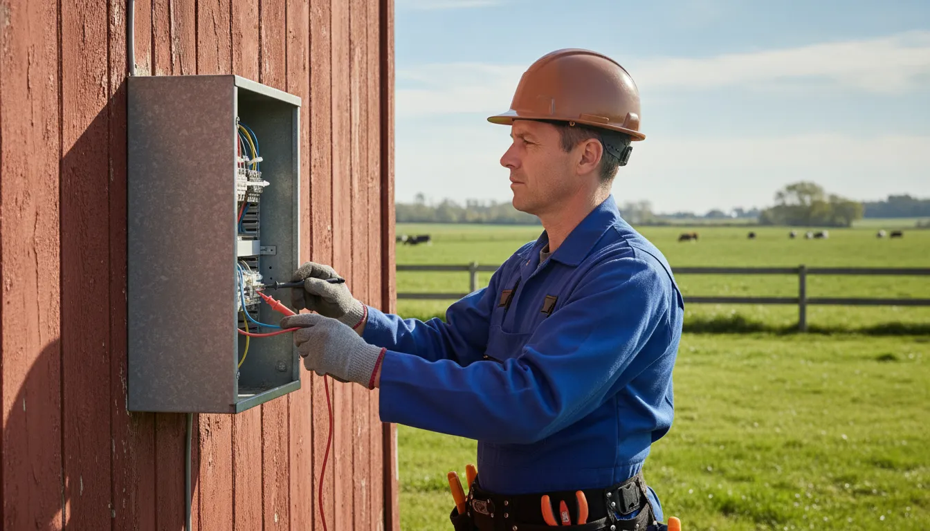 Electrician checking an outdoor electrical panel on a farm barn