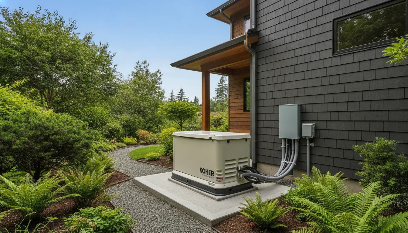 Kohler standby generator mounted on a reinforced concrete pad beside an Oregon home with professional electrical conduit and clear landscaping