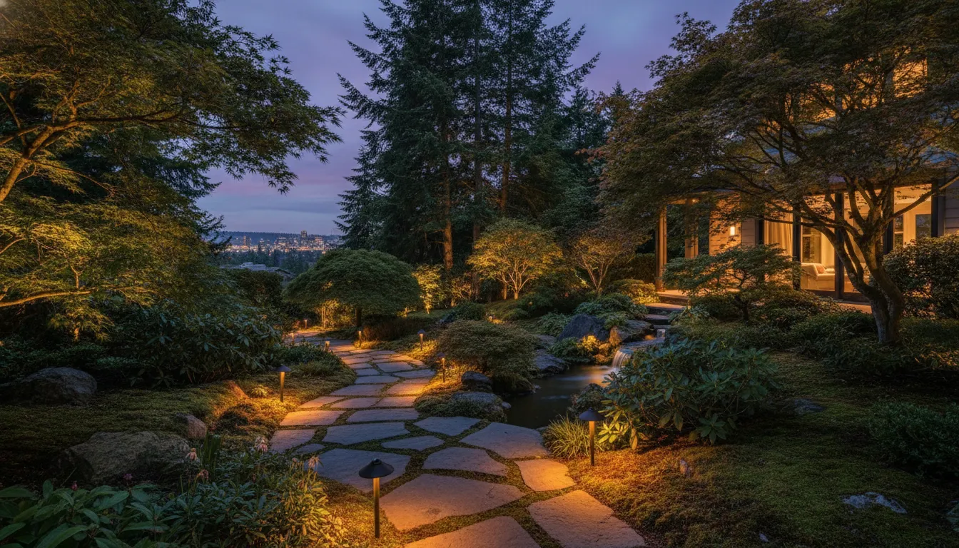 Warm pathway and uplighting in a Portland residential garden at dusk