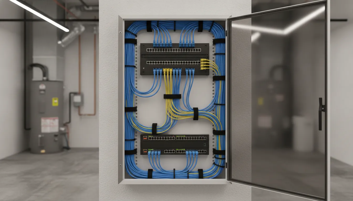Organized structured media center enclosure with Cat6 cables connected to patch panel in new home utility room