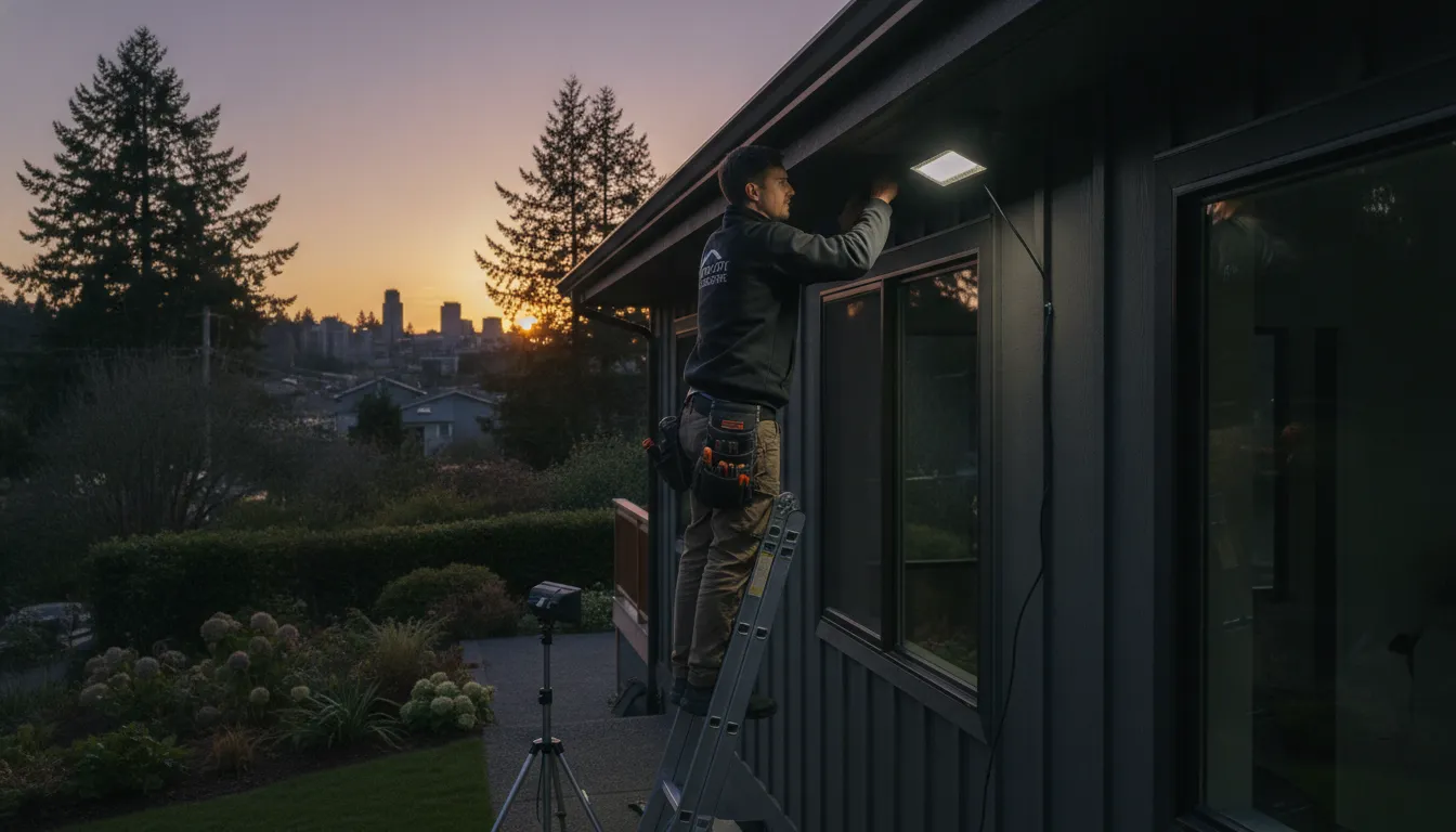 Professional outdoor security lighting installation on a Portland home exterior