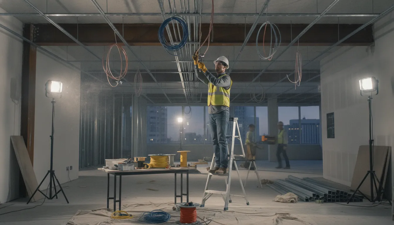 Commercial electrician running conduit and wiring in a commercial office space under renovation for a tenant improvement project