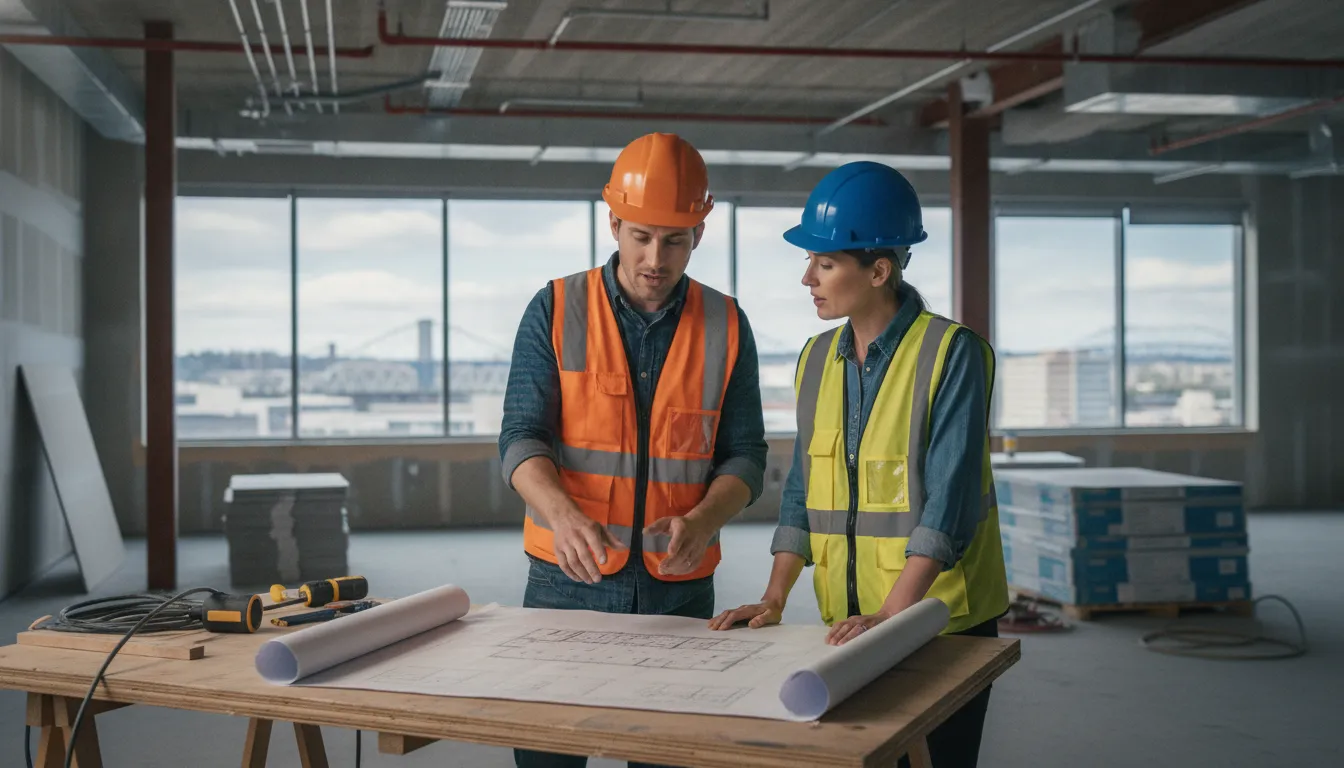 Electrical contractor reviewing tenant improvement blueprints with a commercial property manager at a Portland construction site