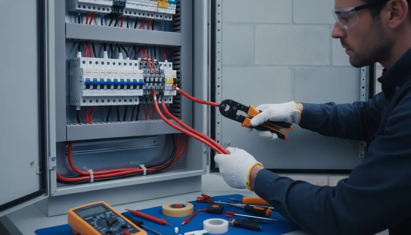 Electrical contractor working on an automatic transfer switch installation for a whole-home generator with professional tools and equipment