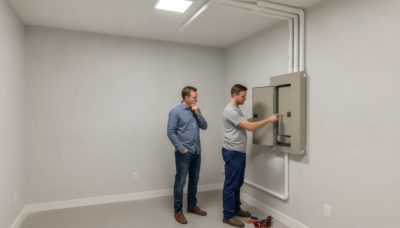 Electrician discussing a residential electrical panel assessment with a homeowner
