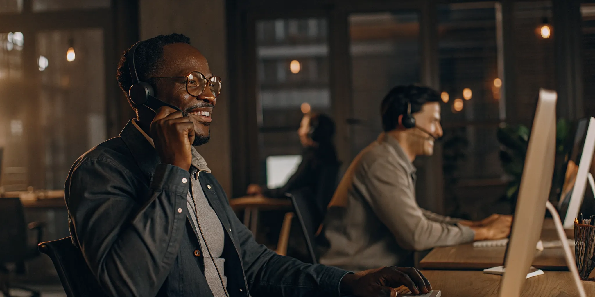 Smiling call center agent uses reassurance statements to help a customer during a support call.