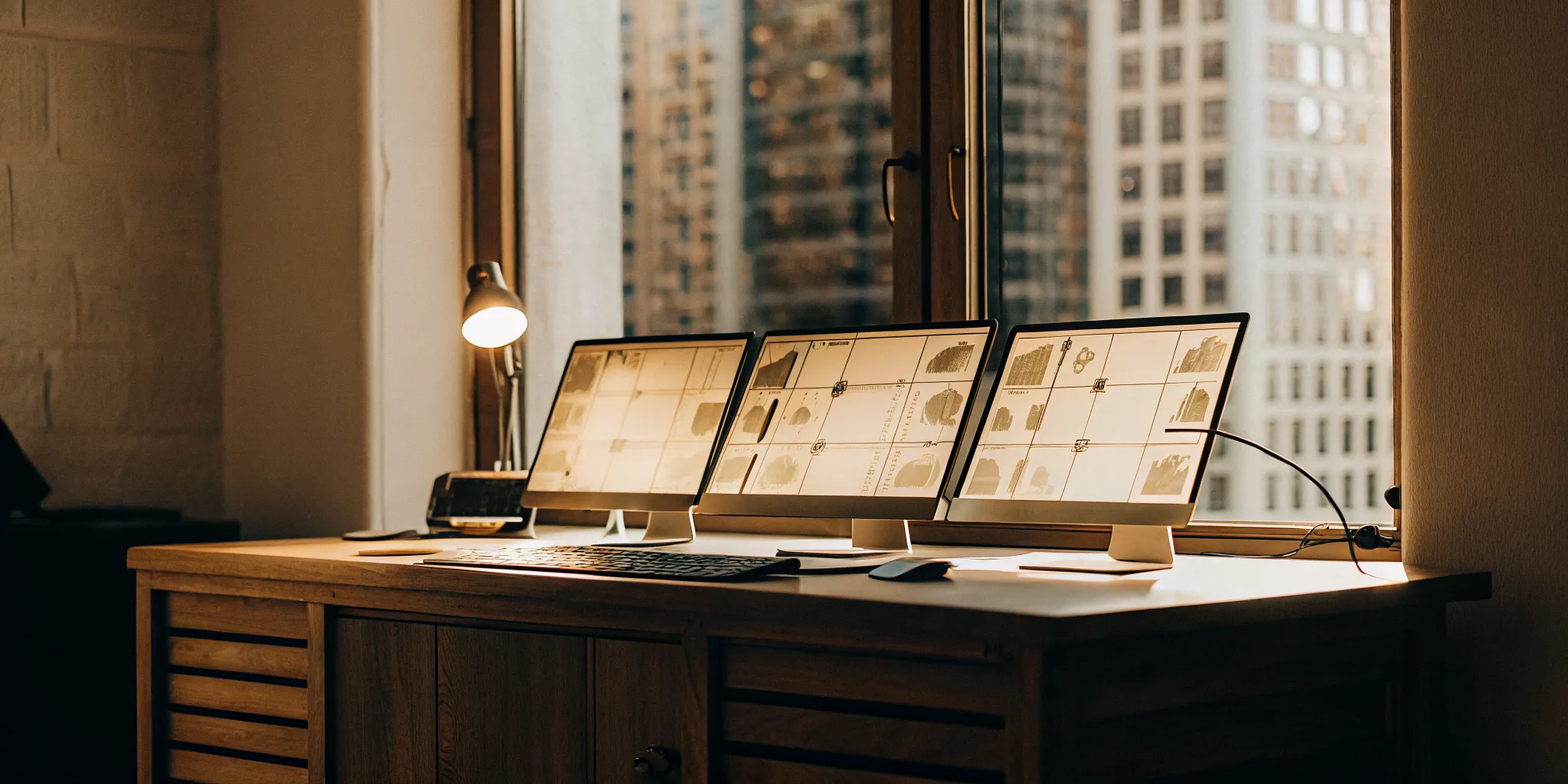 A call centre workstation with monitors showing database software dashboards and reports.