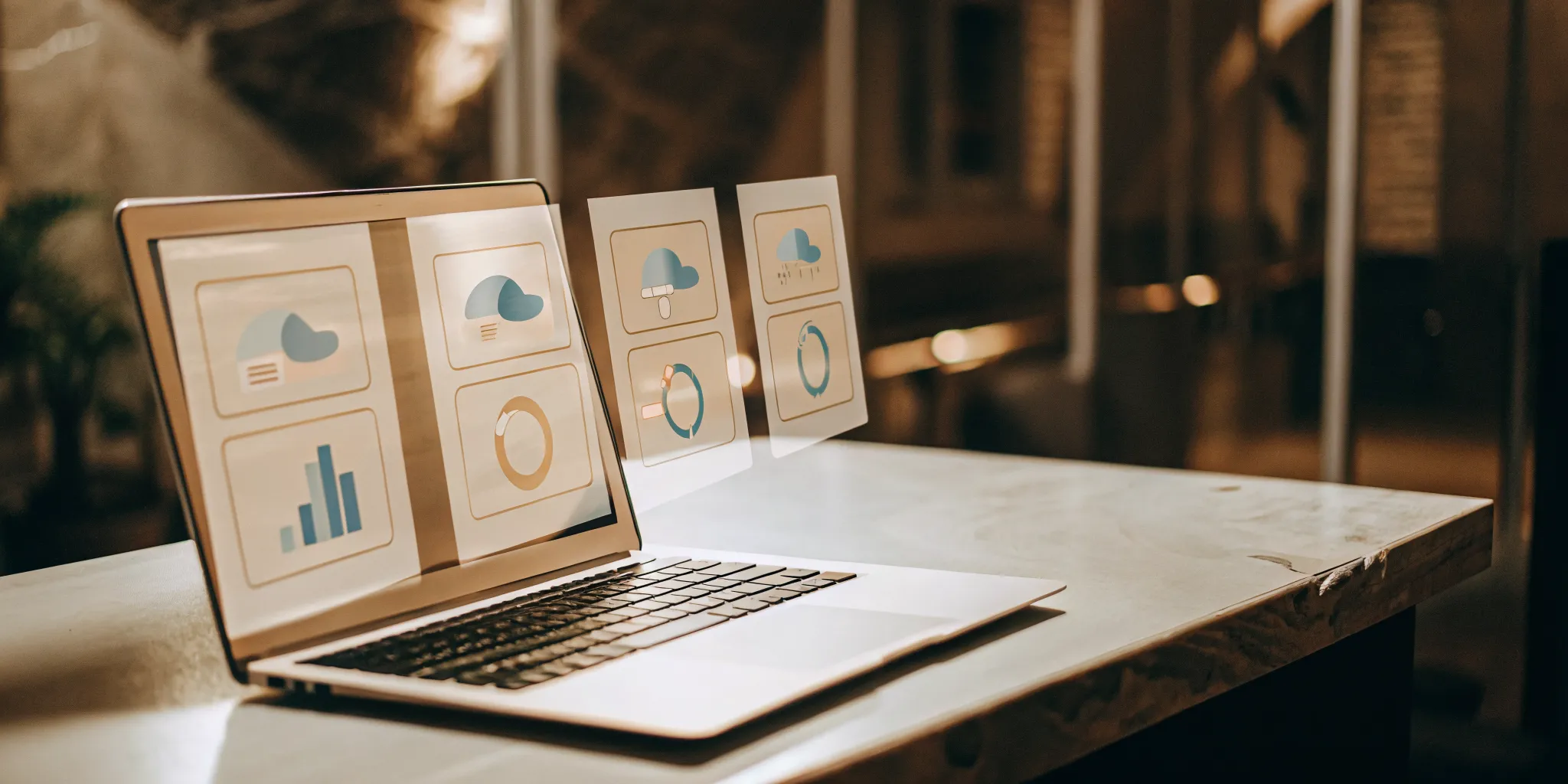 A customer service software solution with performance analytics on a laptop screen.