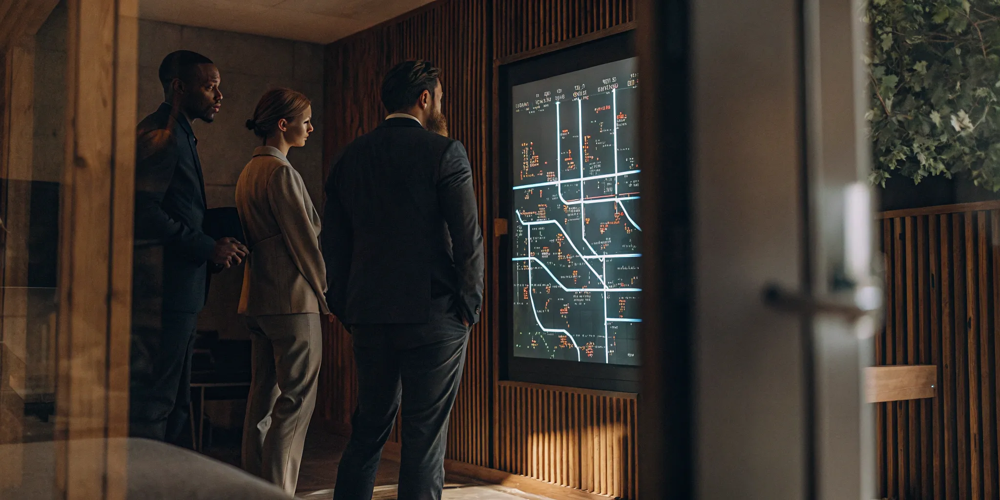 Team collaborating with an employee journey mapping tool on a digital screen.