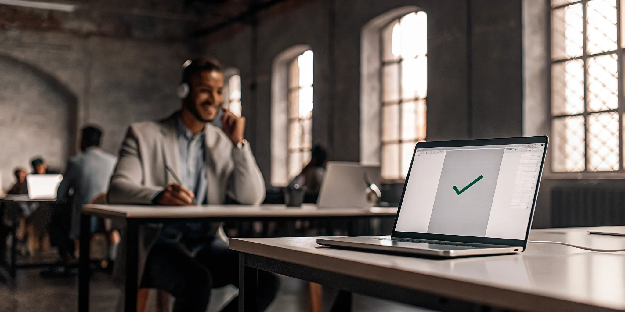 Agent applies first call resolution tips, resulting in a green checkmark on their laptop screen.