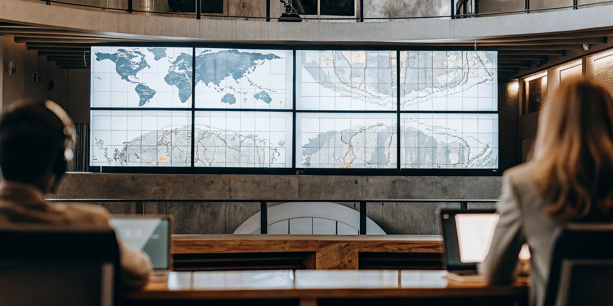 Call center team using monitoring software to analyze performance data on large screens.