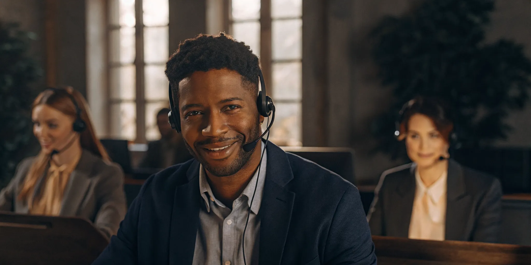 Call center agent with a headset confidently using assurance statements.
