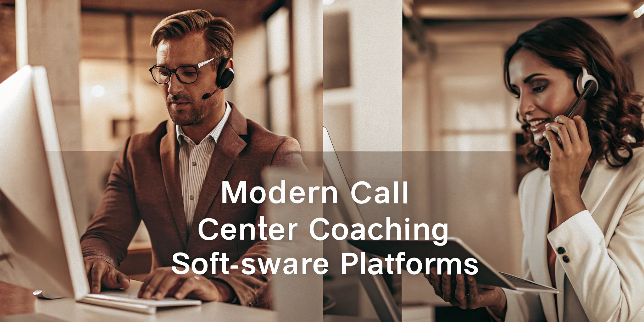 Agents in a call center using coaching software on their computers.