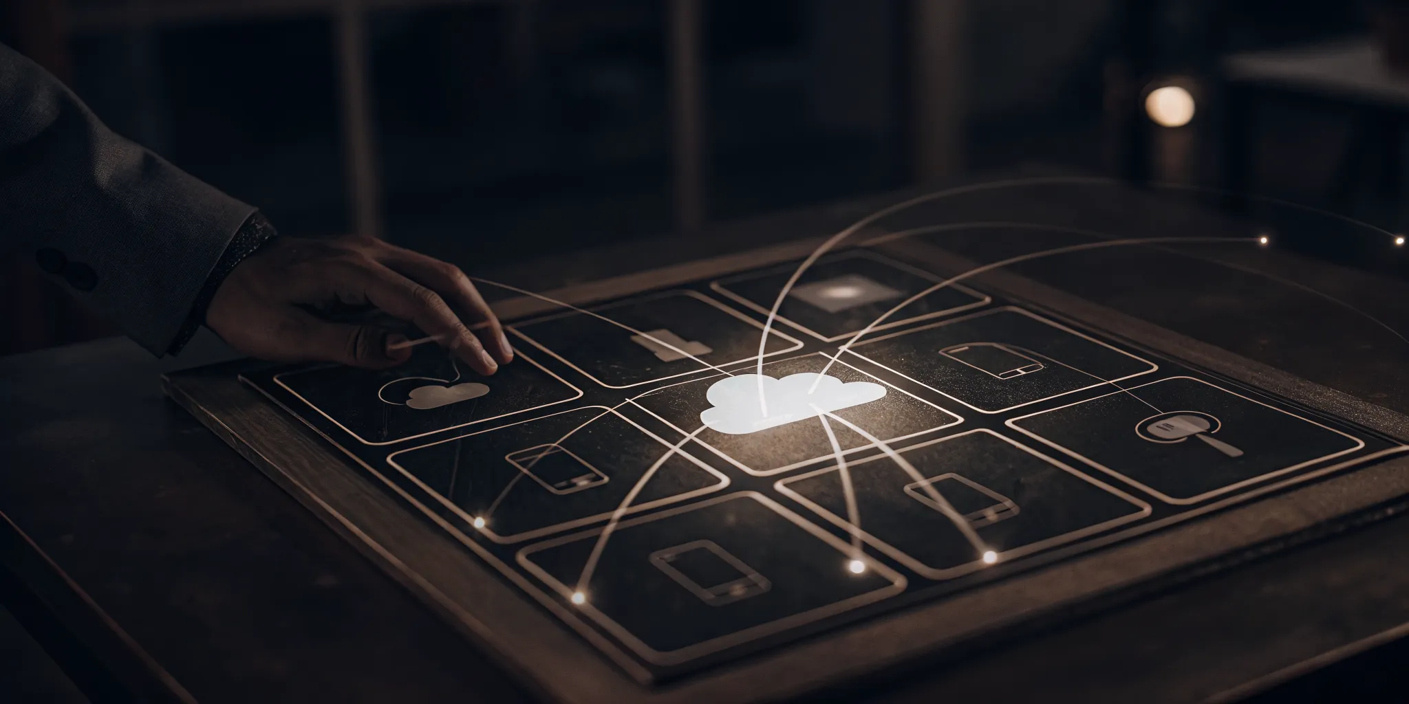 A hand touching a cloud icon on a screen, managing the network and trends of a modern cloud contact center.