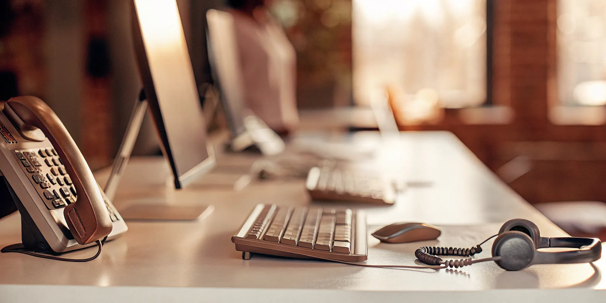Essential tools and equipment for contact center services, including a headset and computer workstation.