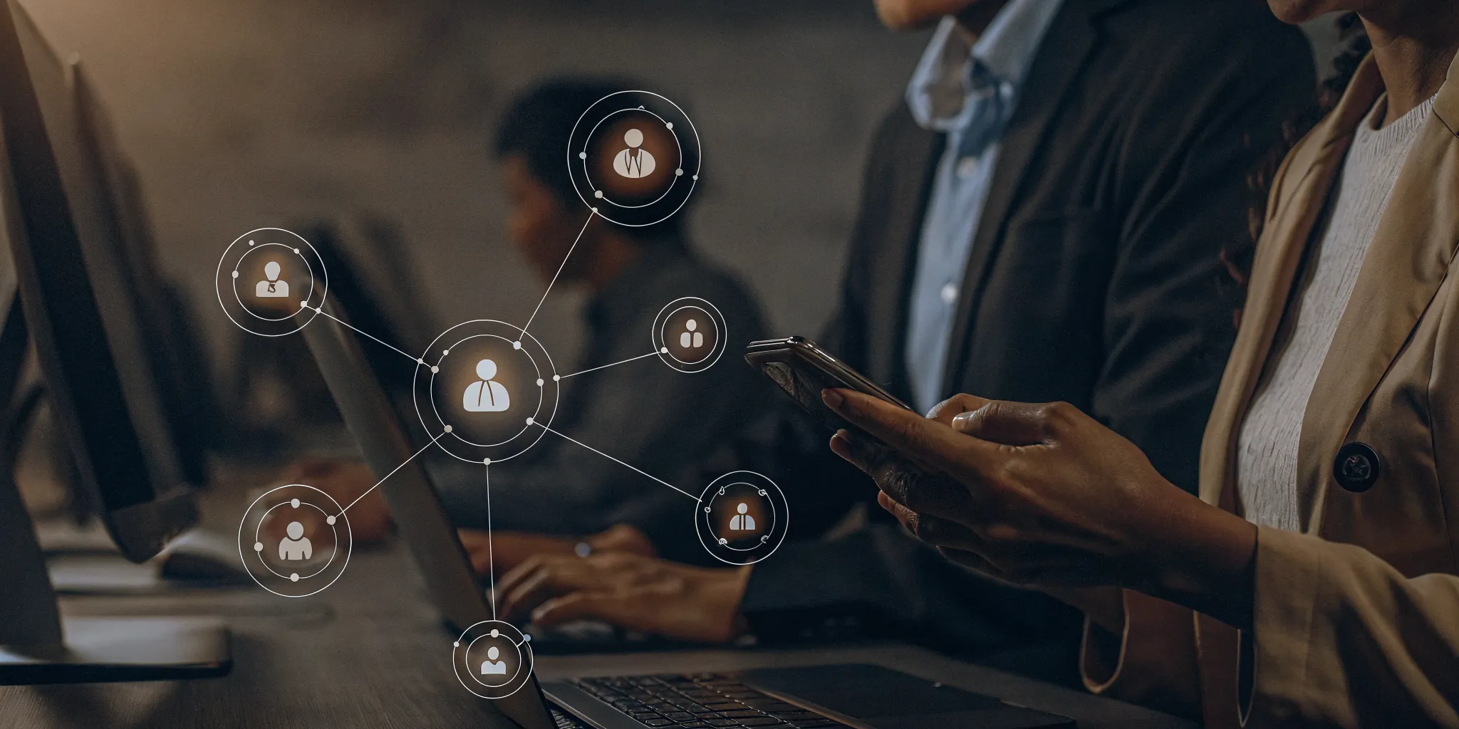 Business team analyzing call center QA data with AI technology.