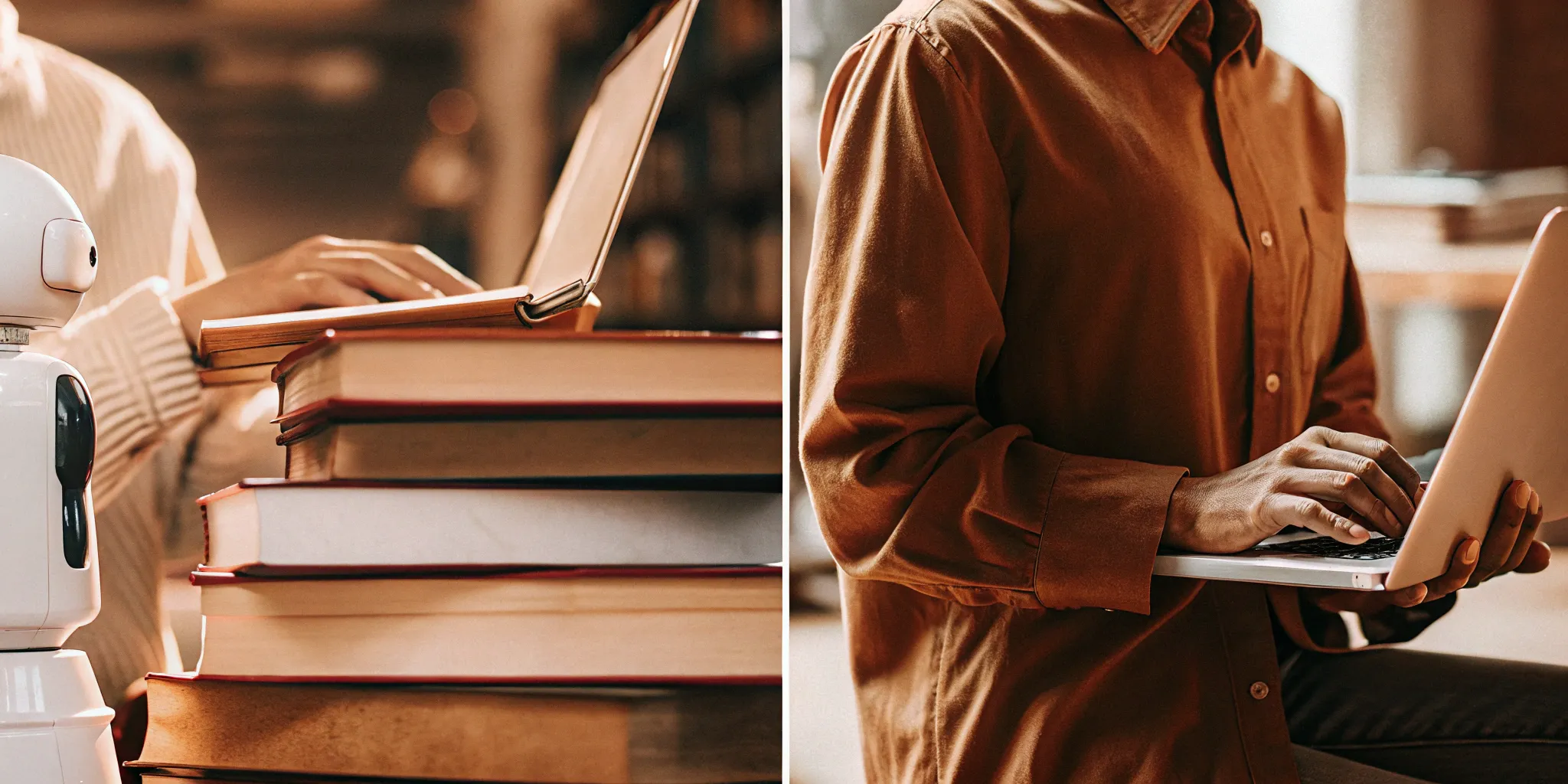 A robot representing an AI-powered knowledge base vs a person with books for traditional support.
