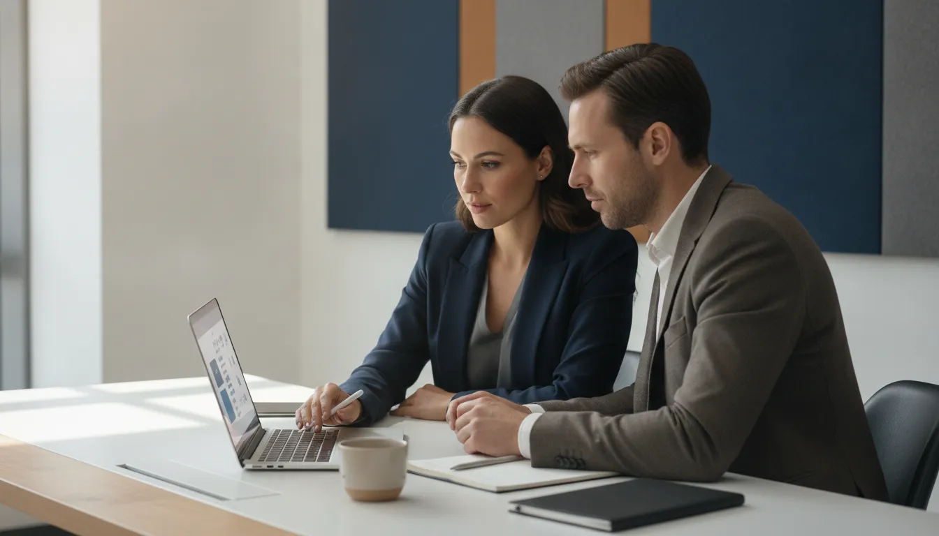 Operations leaders reviewing an AI knowledge article on a laptop during a software demo