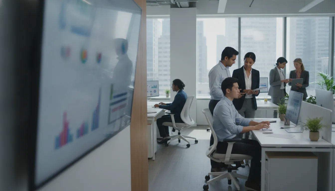 Diverse back-office operations team reviewing workflow dashboards and coaching employees in a bright professional office