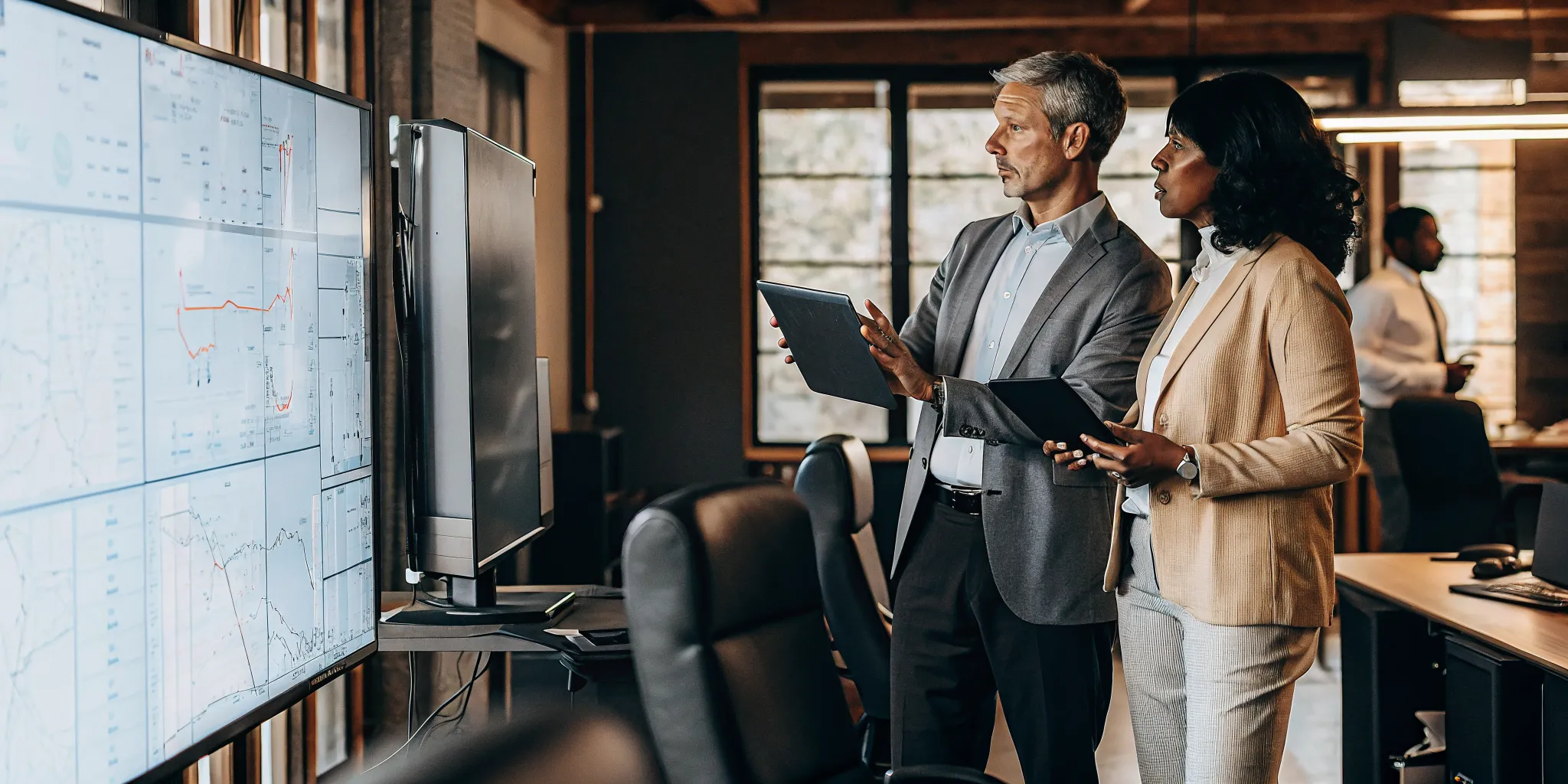 Insurance back-office team reviewing performance data on digital screens in modern office