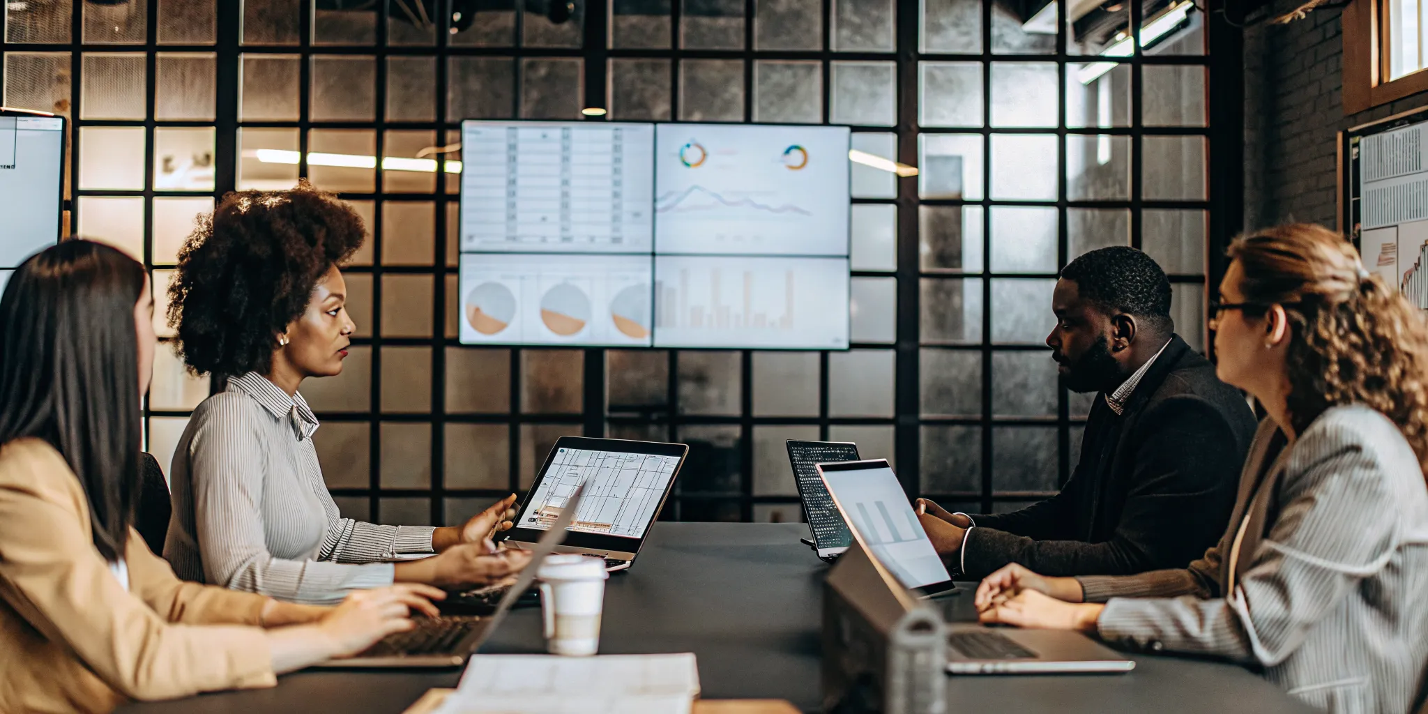 Insurance claims adjusters reviewing training analytics on the best LMS for their team.