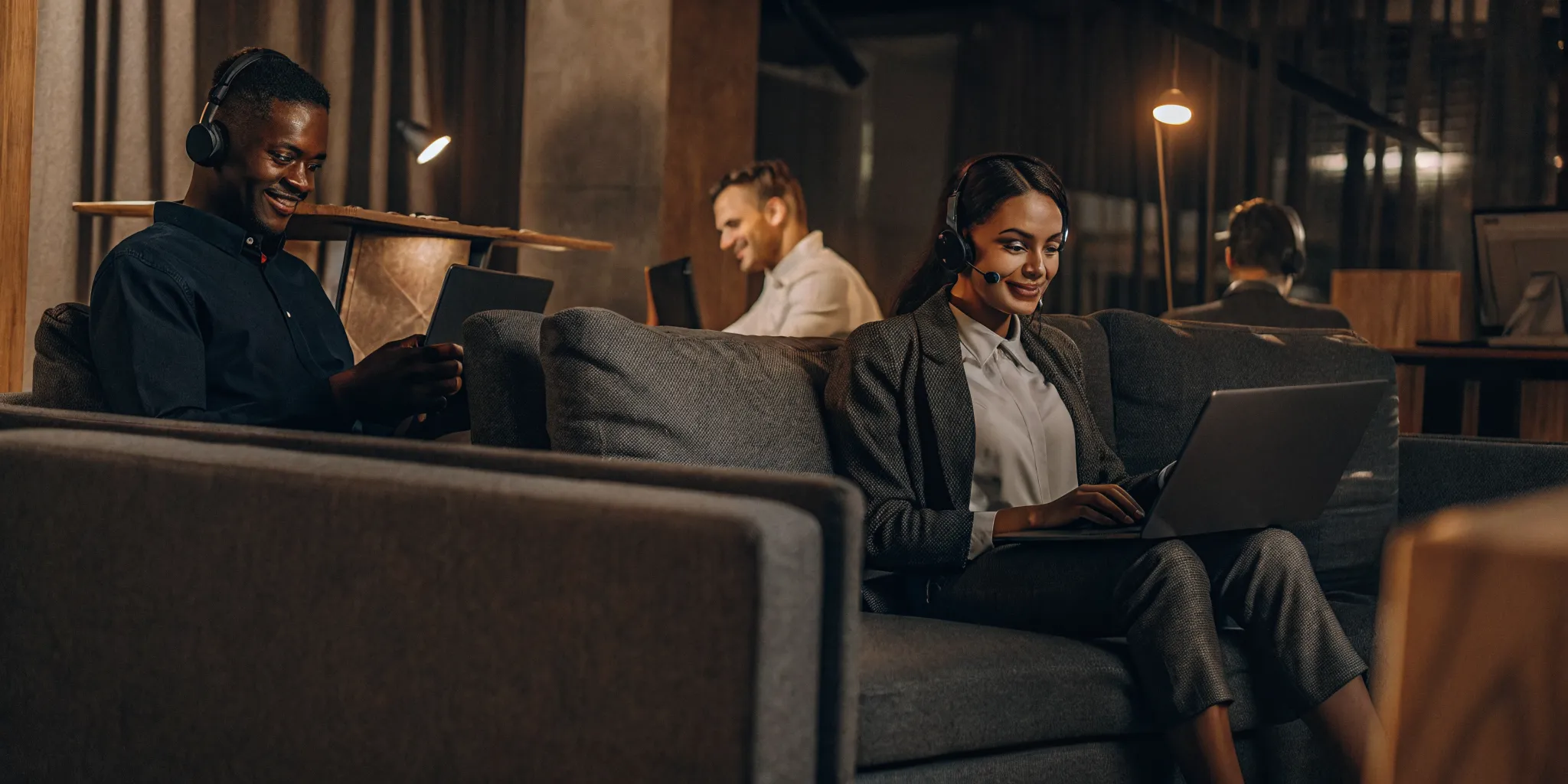 Contact center team collaborating in a modern office environment