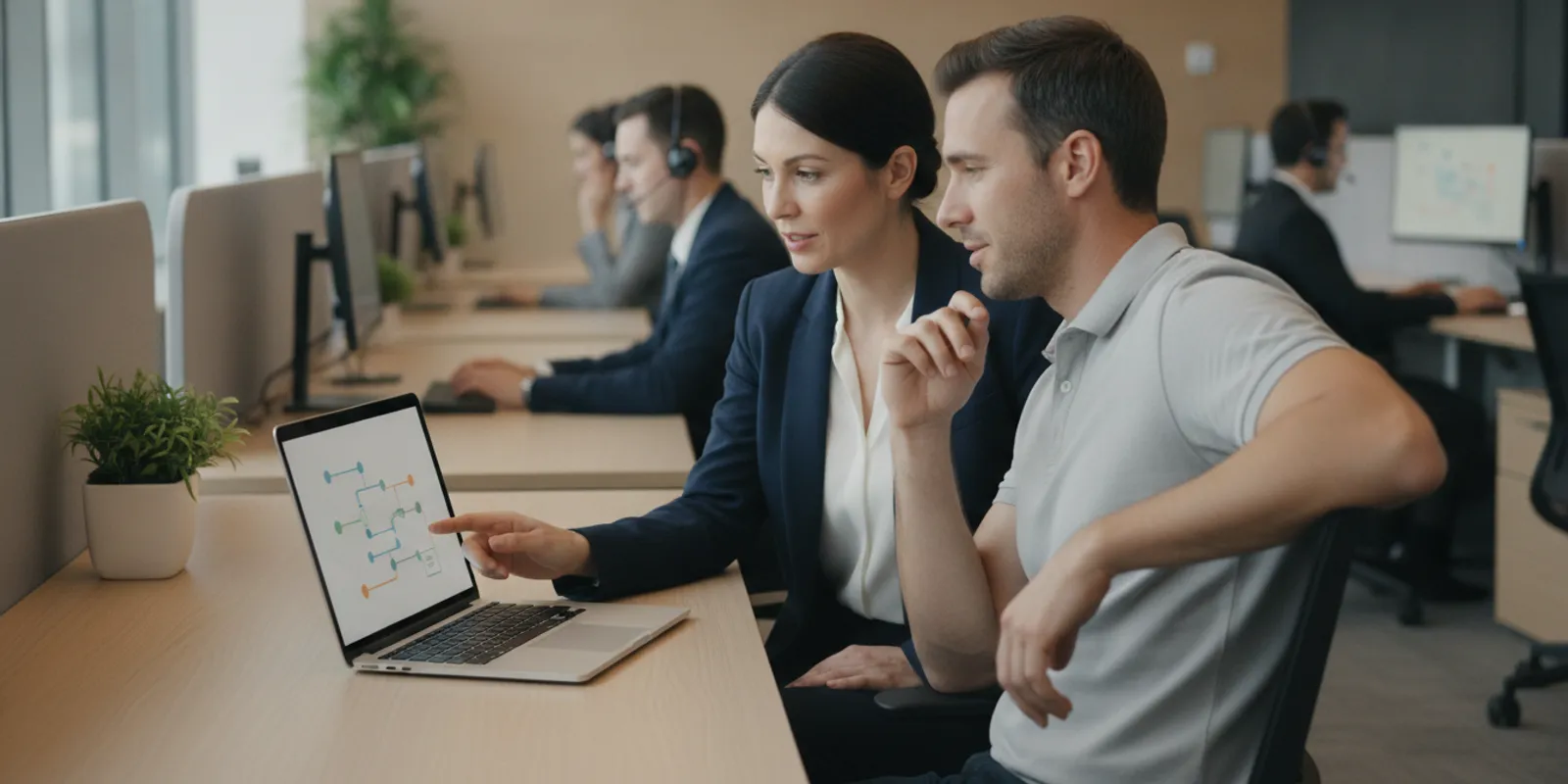 Contact center leader reviewing an employee engagement workflow with a supervisor