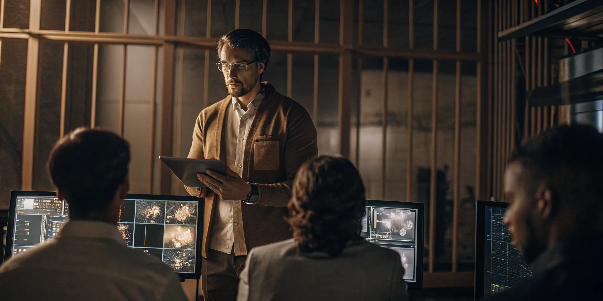 Contact center operations leader reviewing training dashboards on a tablet with team in background