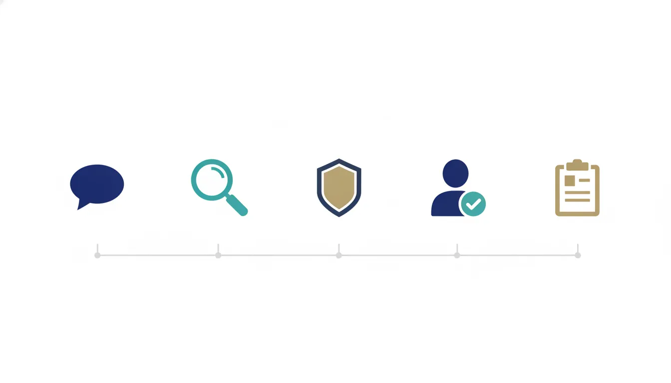 Five-step flow from a buyer question to source check, data boundary, human approval, and a scored pilot