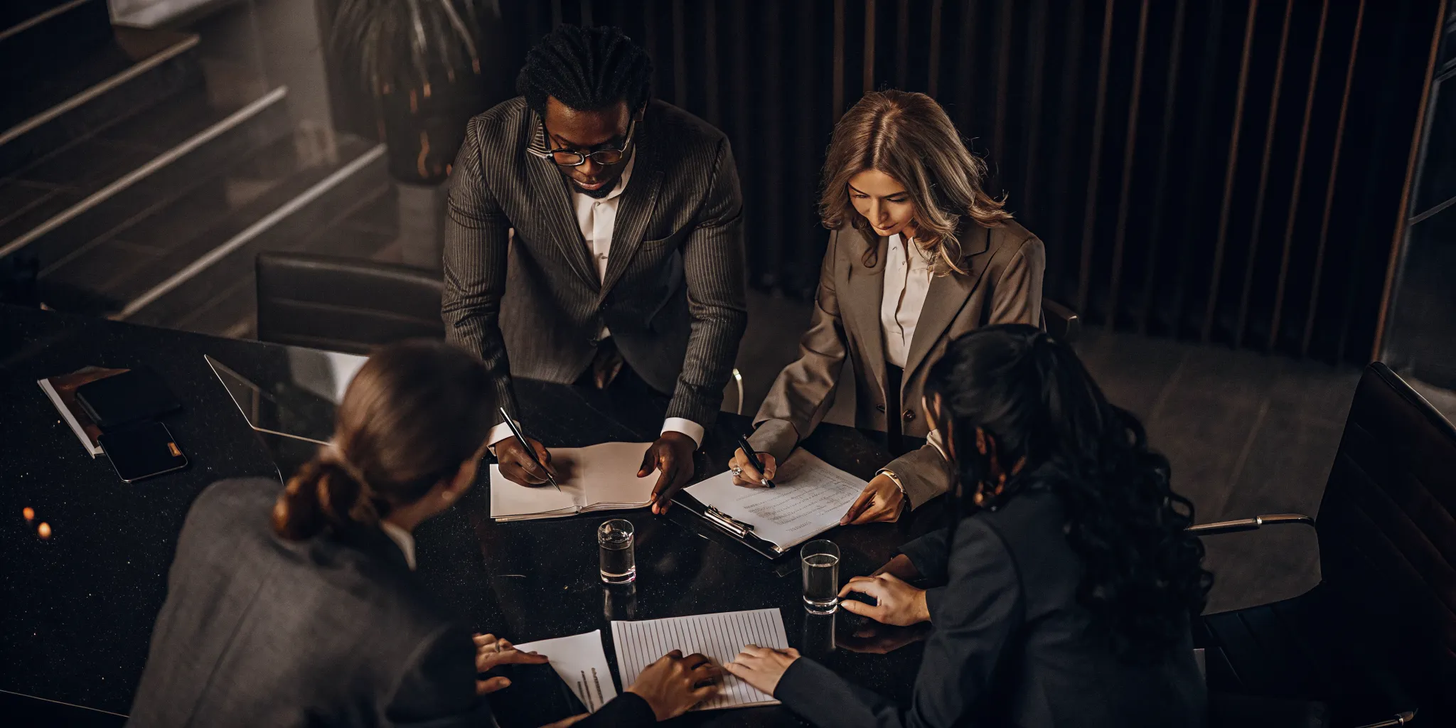 Insurance claims team reviewing quality assurance scorecards at a meeting