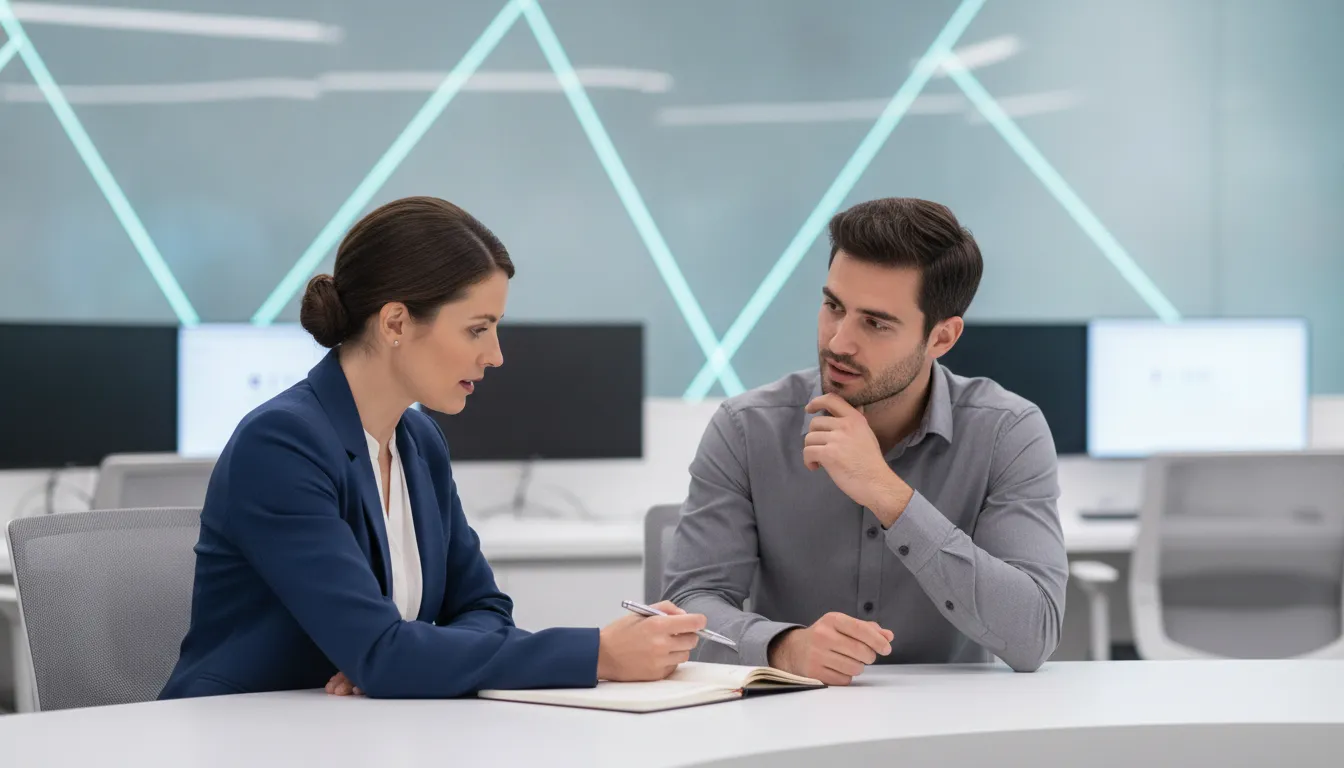 A supervisor and employee discuss a coaching plan during a one-to-one meeting