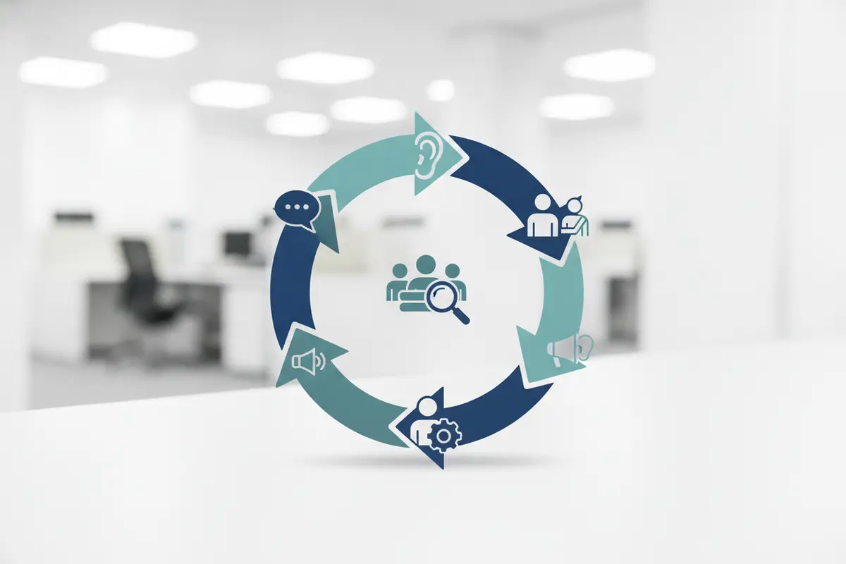 Conceptual feedback cycle showing employee input moving through listening, review, action, and follow-up