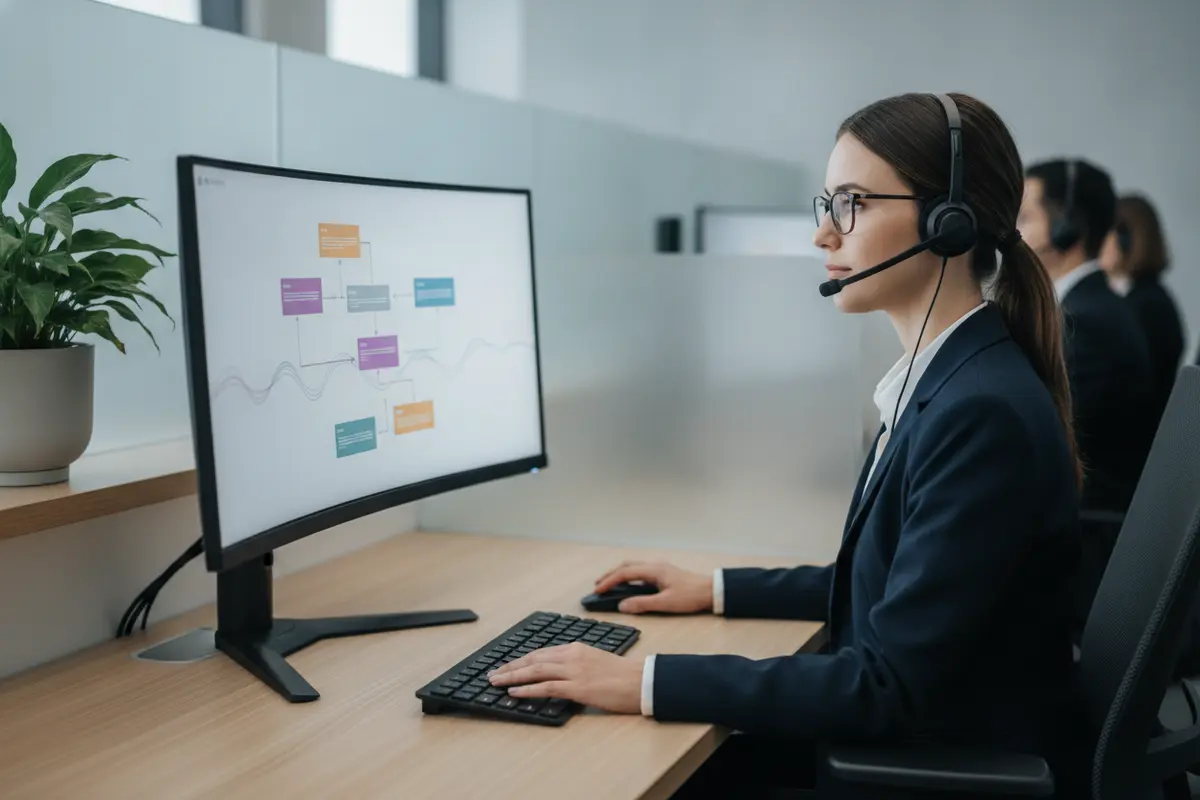Contact center agent reviewing a knowledge article while assisting a customer