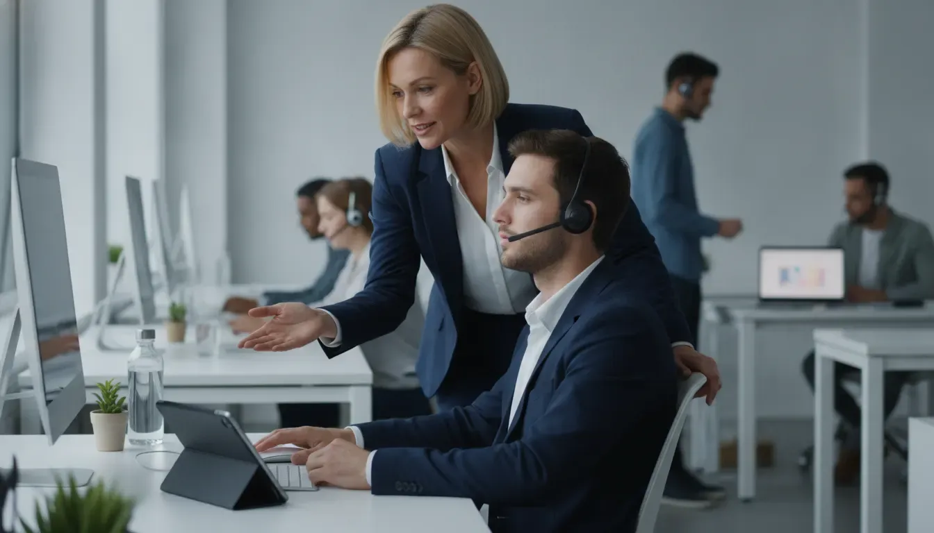Contact center manager coaching an agent in a modern operations workspace