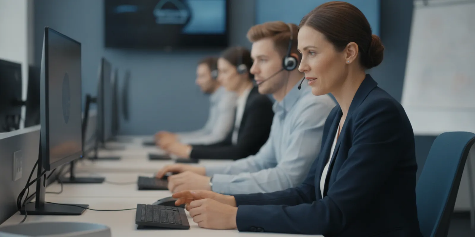 Contact center supervisor listening to an agent during a one-to-one feedback conversation