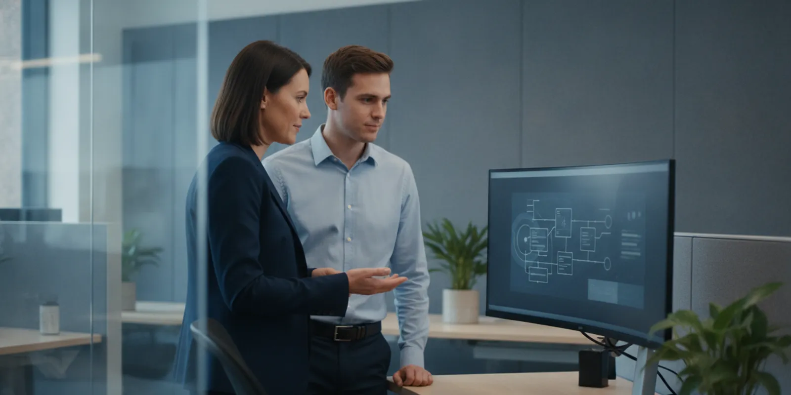 Contact center operations leader reviewing knowledge articles with an agent at a workstation