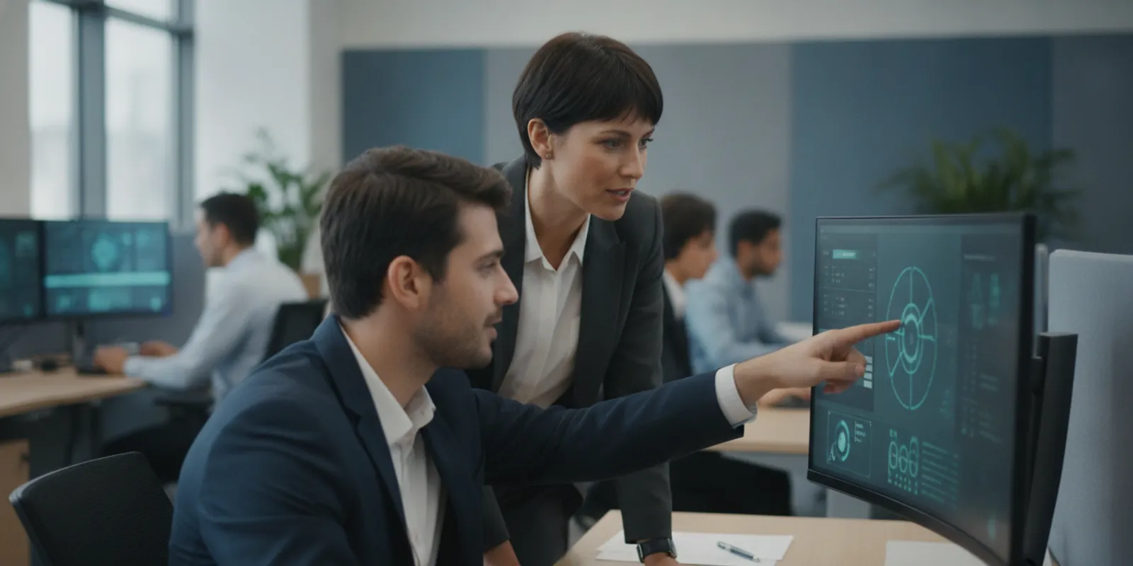 Contact center leader reviewing knowledge resources with an agent at a workstation