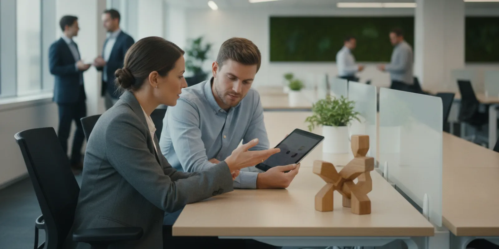 Contact center leader and agent reviewing a learning plan at a workstation