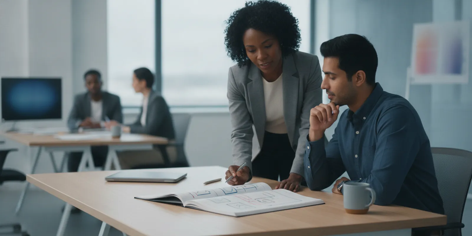 Contact center leader reviewing a learning plan with an agent at a workstation