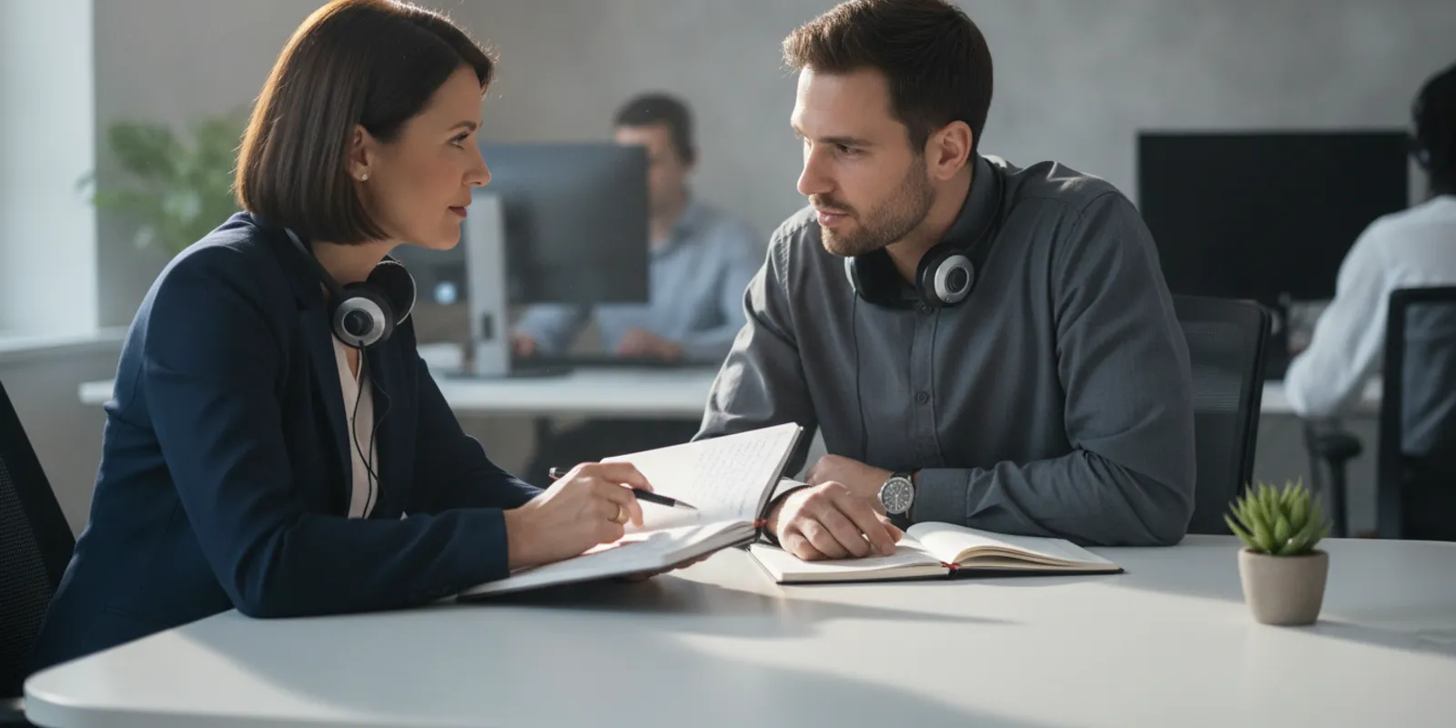 A contact center manager coaching a team leader in a calm one-to-one conversation