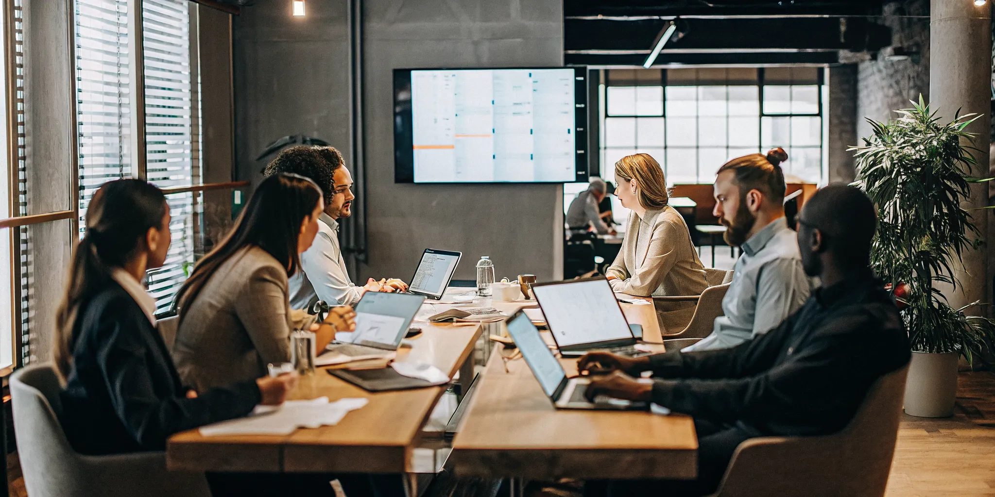 Contact center team analyzing performance metrics in a collaborative meeting