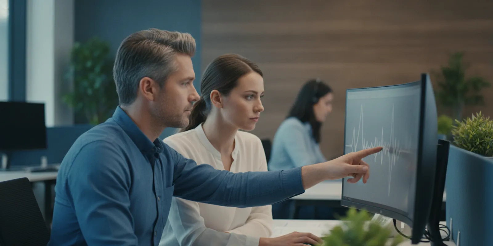 Contact center supervisor reviewing quality findings with an agent at a workstation