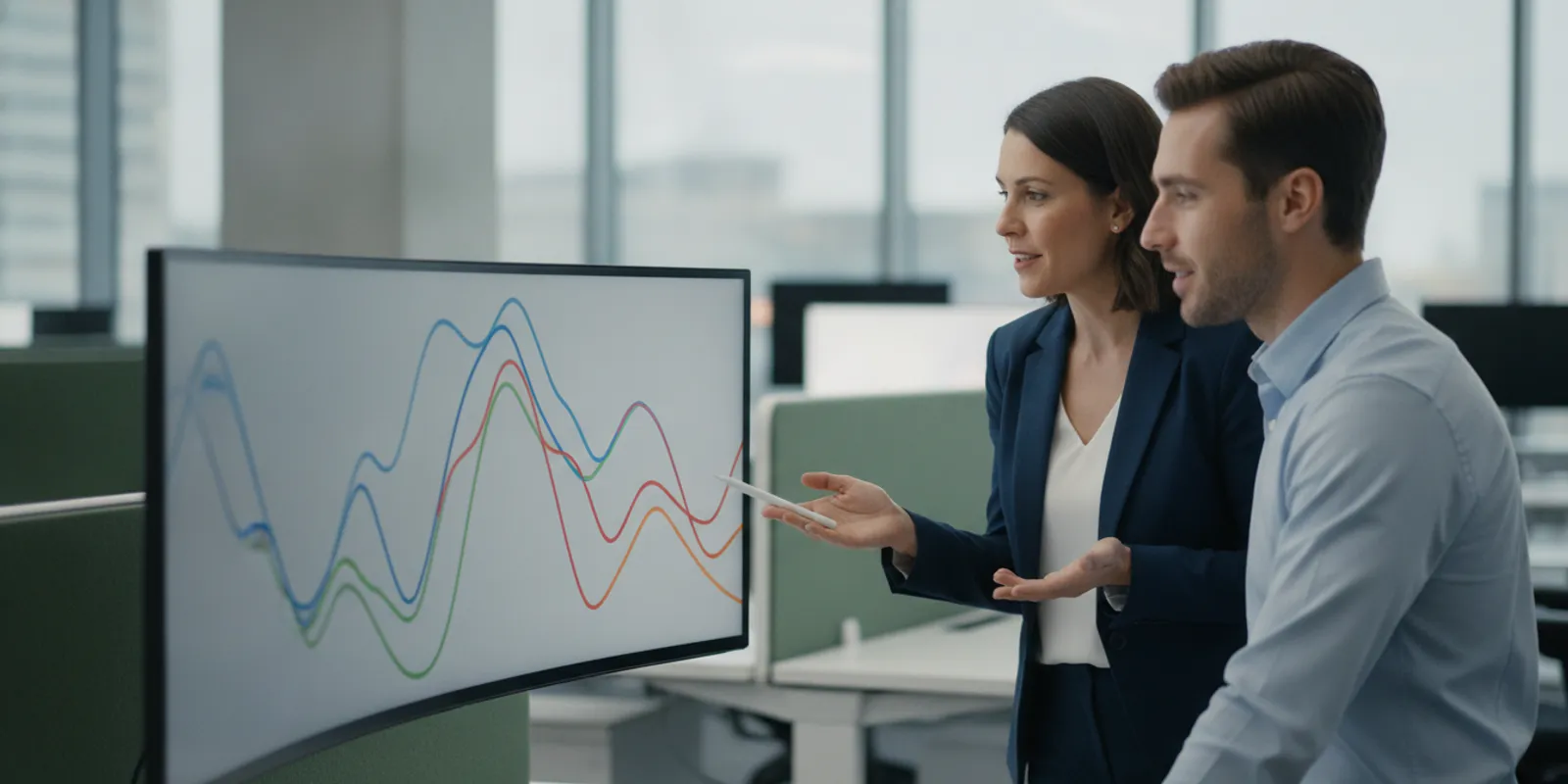 Contact center leader reviewing quality trends with an agent at a workstation