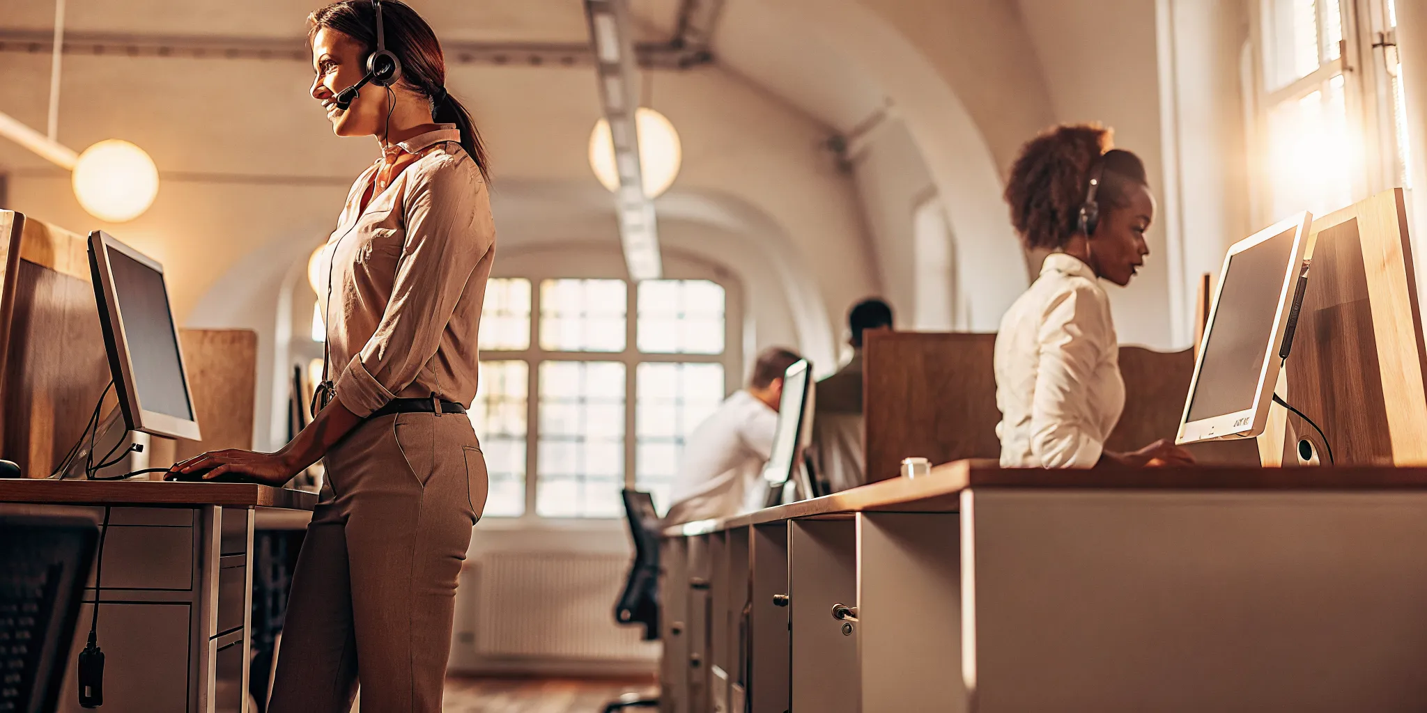 Call center agents working to meet the first call resolution industry standard.