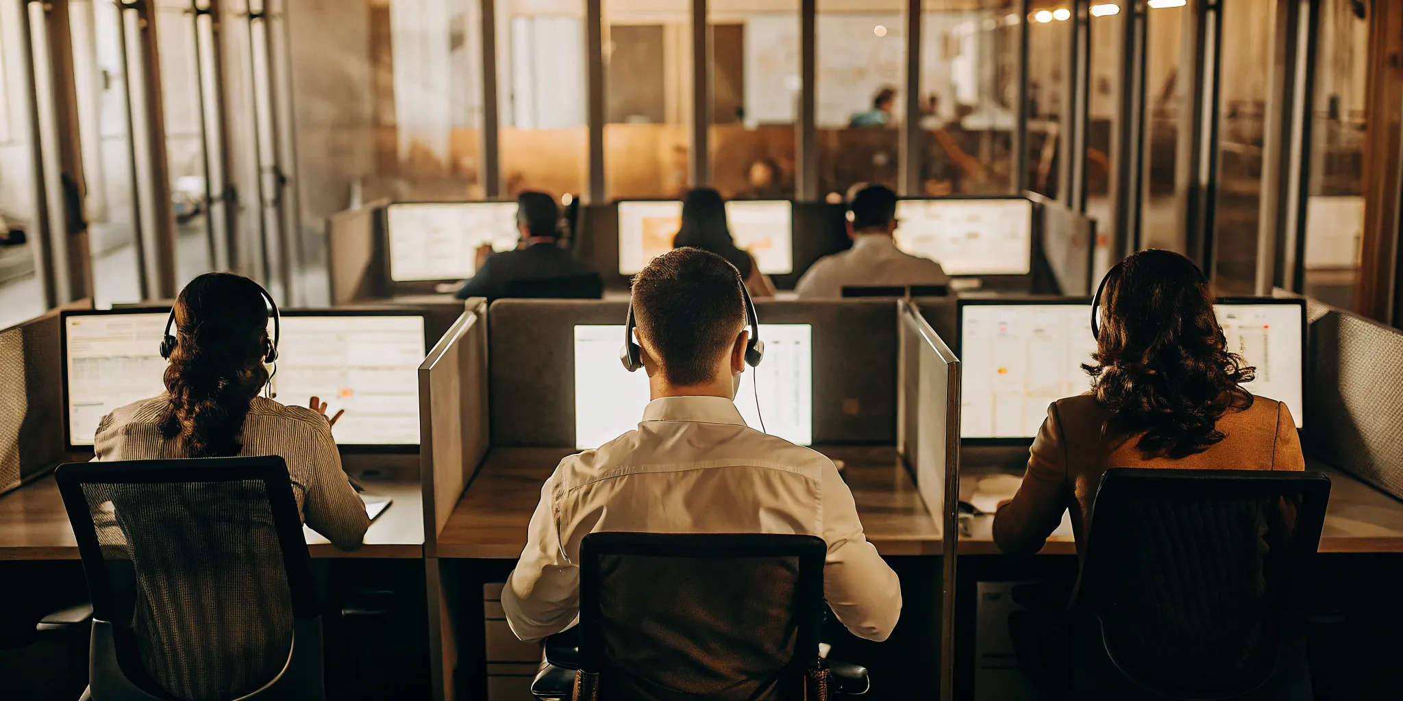 Call center agents working at computers to improve quality assurance processes.