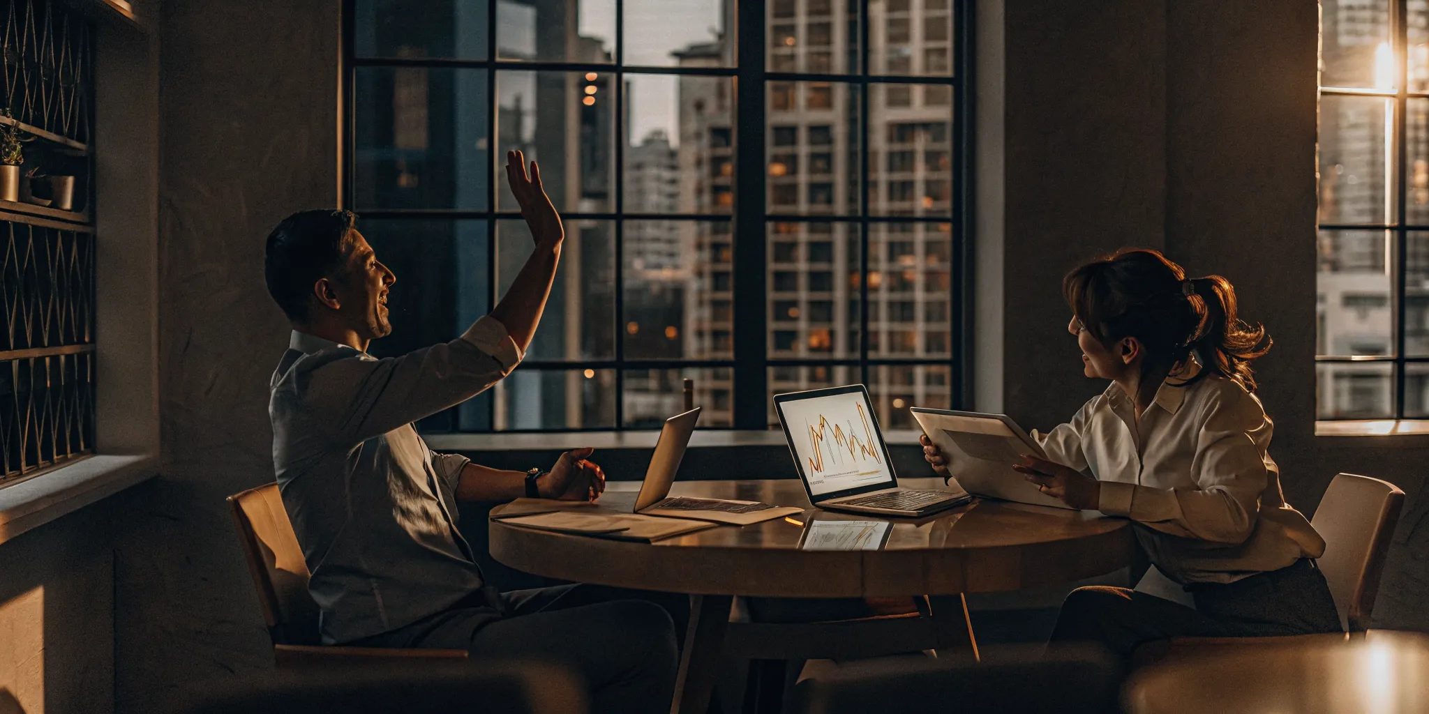 Two employees using laptops to discuss strategies on how to improve the employee experience.